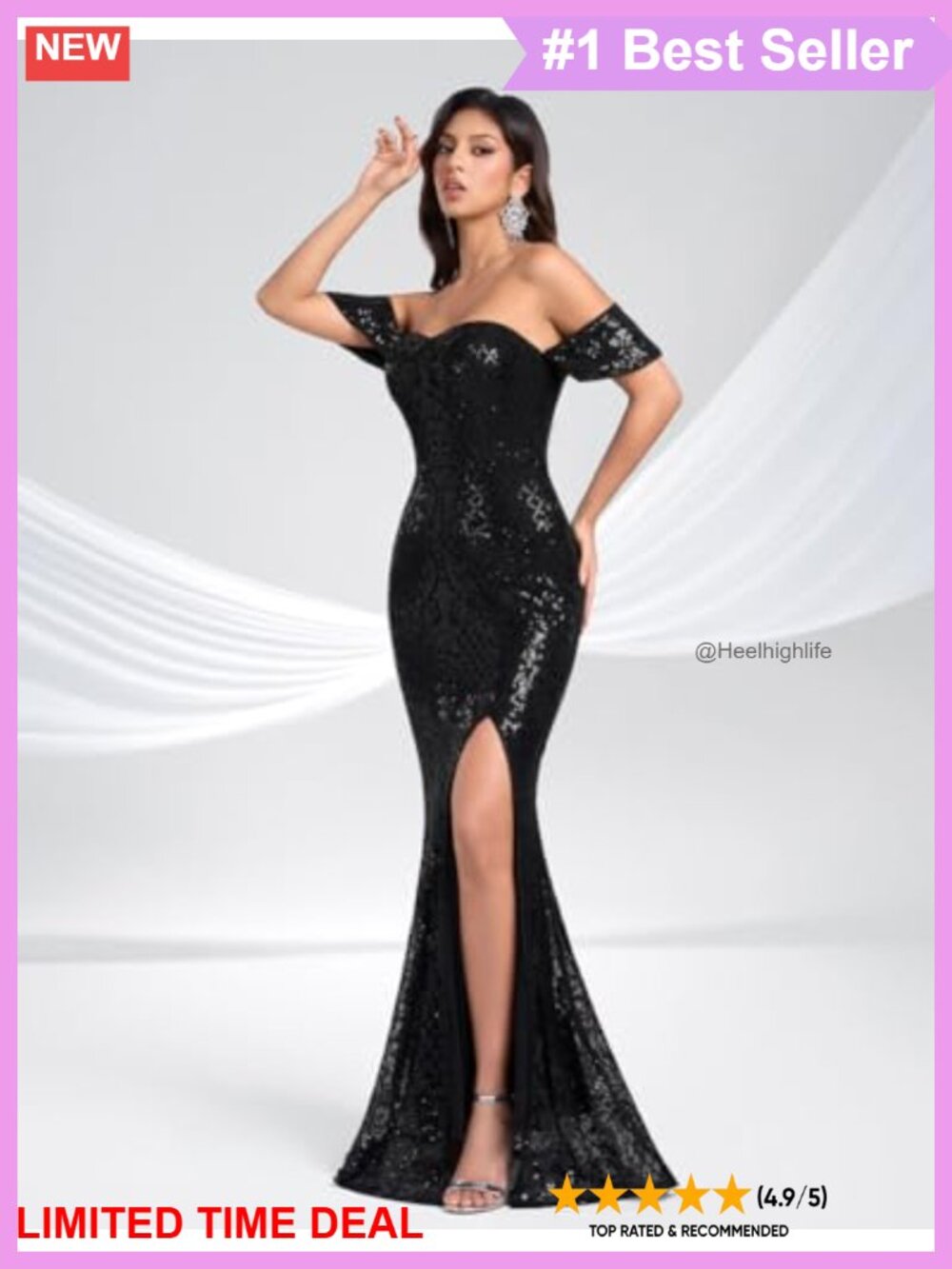 Off the Shoulder Sequin Maxi Prom Dress Side Slit Backless Mermaid Formal - Picture 3 of 6